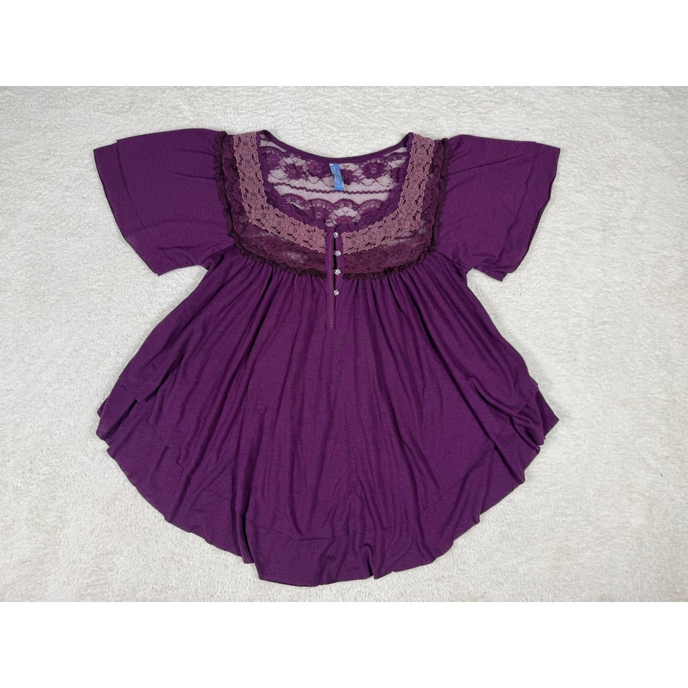 Free People Babydoll Top Womens Small Purple Excellent Lace Trim Boho Whimsigoth